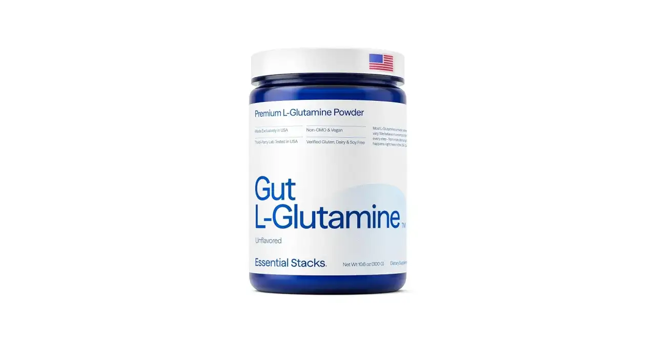 Niebieski słoik z glutaminą na jelita. Produkt Premium L-Glutamine Powder, bezglutenowy, wegański, testowany laboratoryjnie.