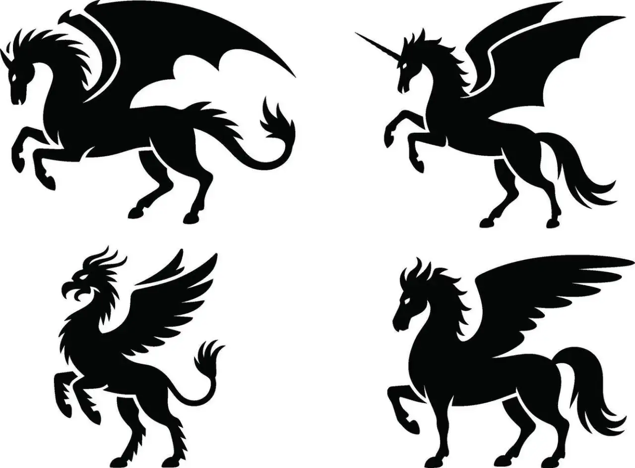 Vier stilisierte Fabeltiere: ein gefl&uuml;gelter Drache, ein gefl&uuml;gelter Einhorn, ein Greif und ein Pegasus. Ihre fabeltiere eigenschaften sind beeindruckend.