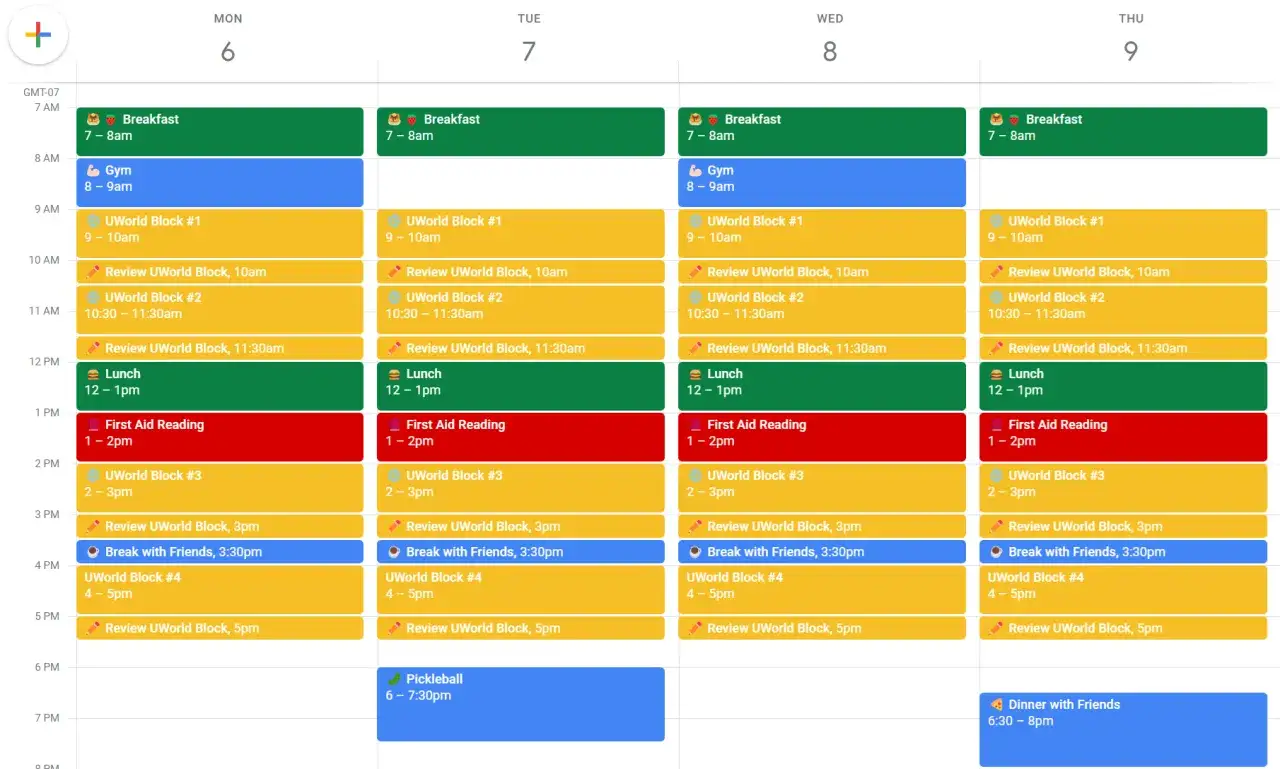 Calendario de estudio: &iquest;cu&aacute;ntas horas hay que estudiar para un examen? Muestra bloques de estudio, gimnasio, lecturas y descansos.