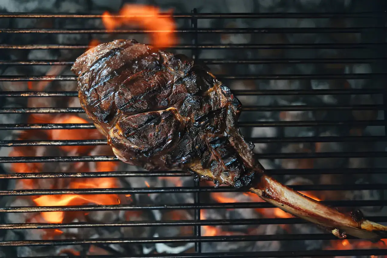 Ein saftiger florentiner Steak brutzelt über glühender Kohle auf einem Grillrost.