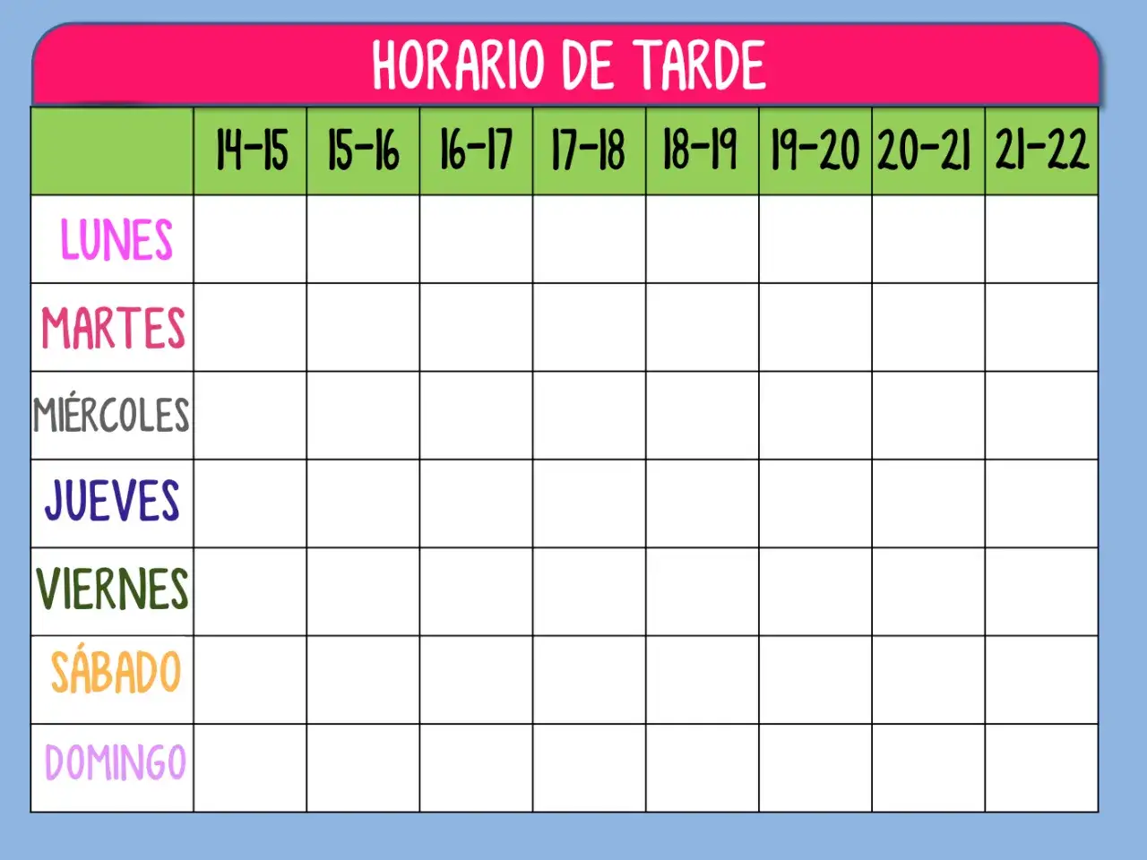 Plantilla horario actividades extraescolares. Tabla semanal con d&iacute;as de lunes a domingo y franjas horarias de 14 a 22h.