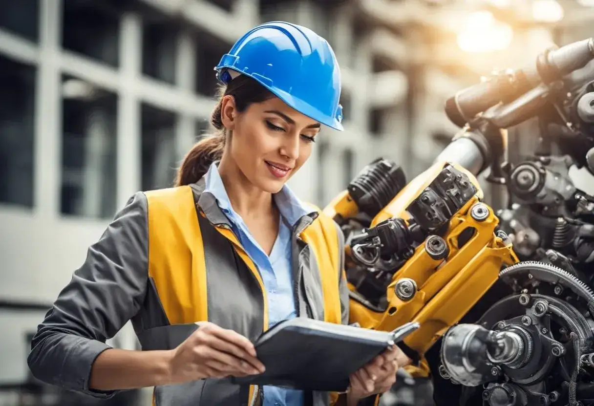 Ingeniera mec&aacute;nica revisa planos junto a maquinaria compleja. As&iacute; es que hace un ingeniero mec&aacute;nico: analizando y supervisando.