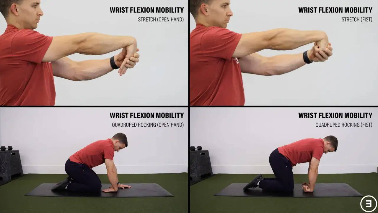 Uomo esegue esercizi per migliorare i movimenti polso: stretching con mano aperta e chiusa, e dondolio a quattro zampe.