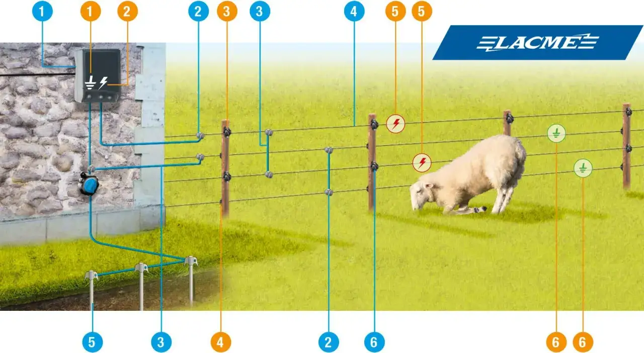 Schéma d'installation d'une clôture électrique Lacmé avec un mouton. Le système comprend un électrificateur, des piquets et des fils conducteurs.