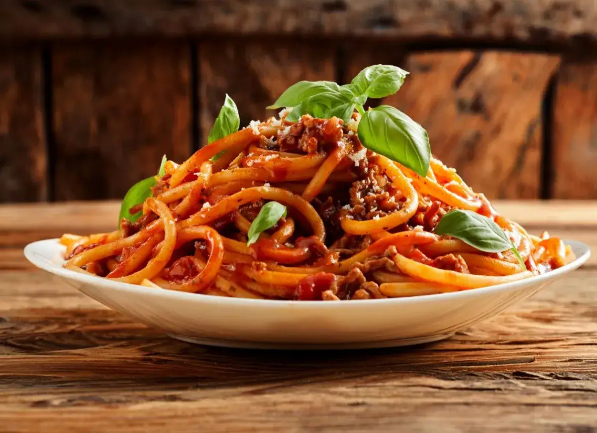 Pyszne spaghetti bolognese z mielonym mięsem, pomidorowym sosem i świeżą bazylią. Idealne, gdy zastanawiasz się, co dodać do sosu do spaghetti.