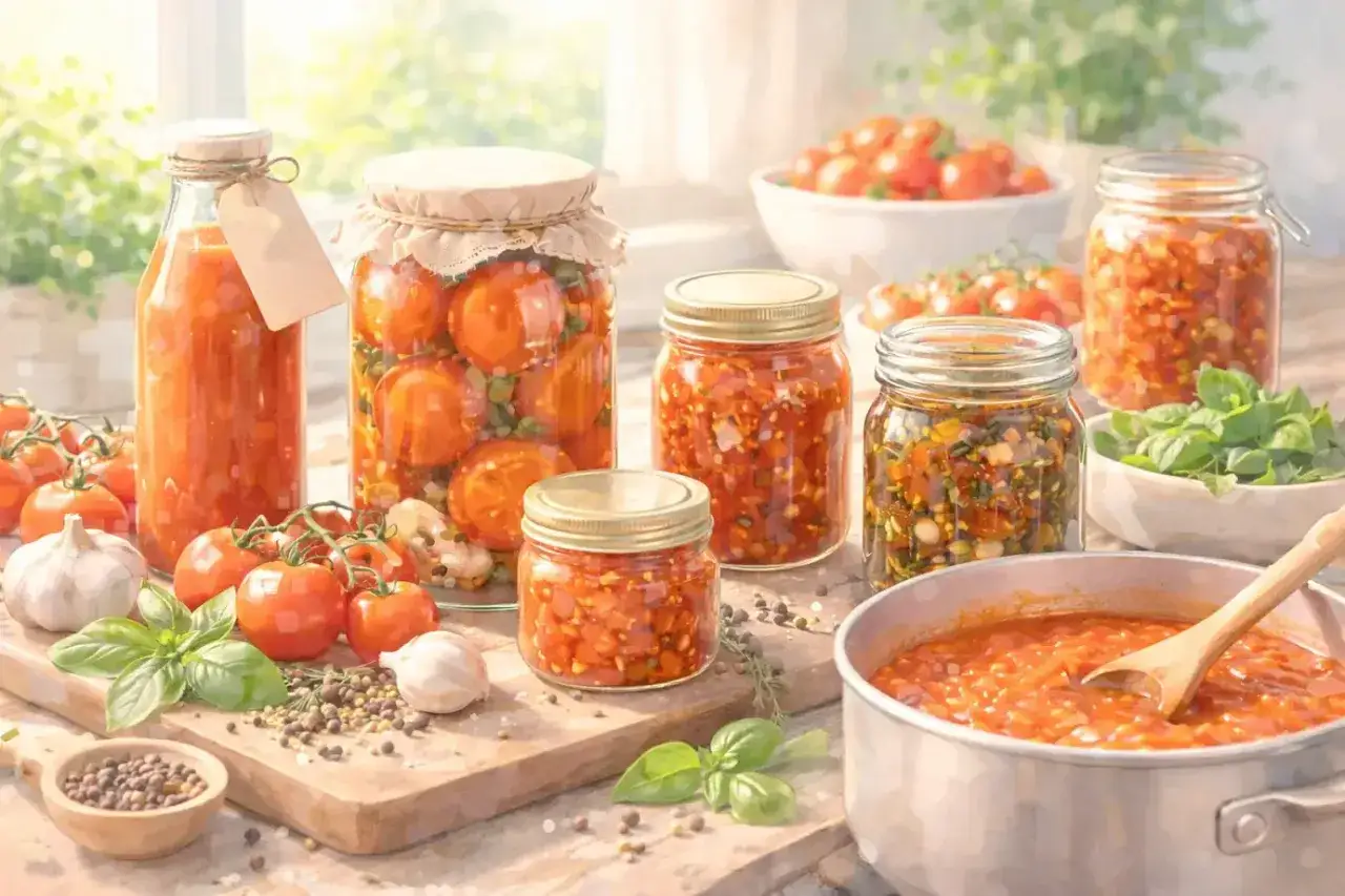 Eingemachtes und frische Tomaten, Knoblauch und Kr&auml;uter auf einem Holztisch. Perfekt f&uuml;r das Konservieren von Tomaten.