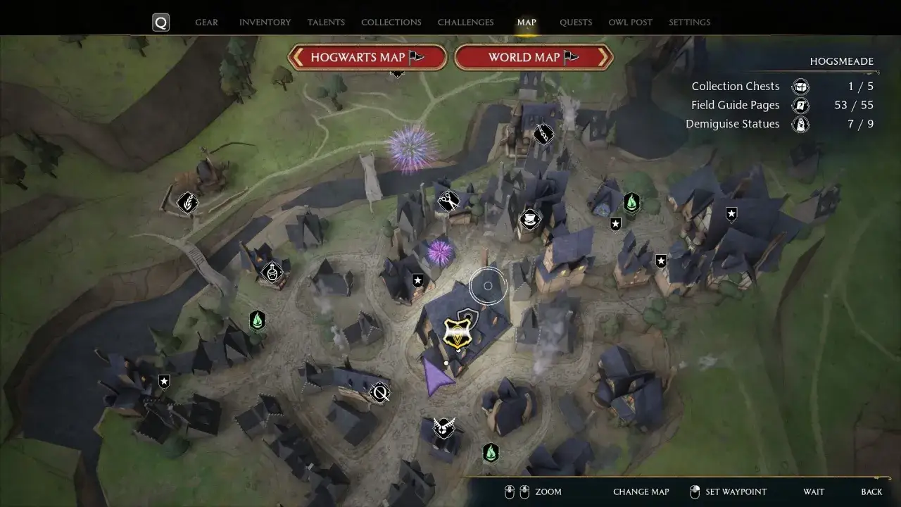 Mapa de Hogsmeade en Hogwarts Legacy. Muestra la ubicaci&oacute;n de cofres de colecci&oacute;n y otros elementos del juego.