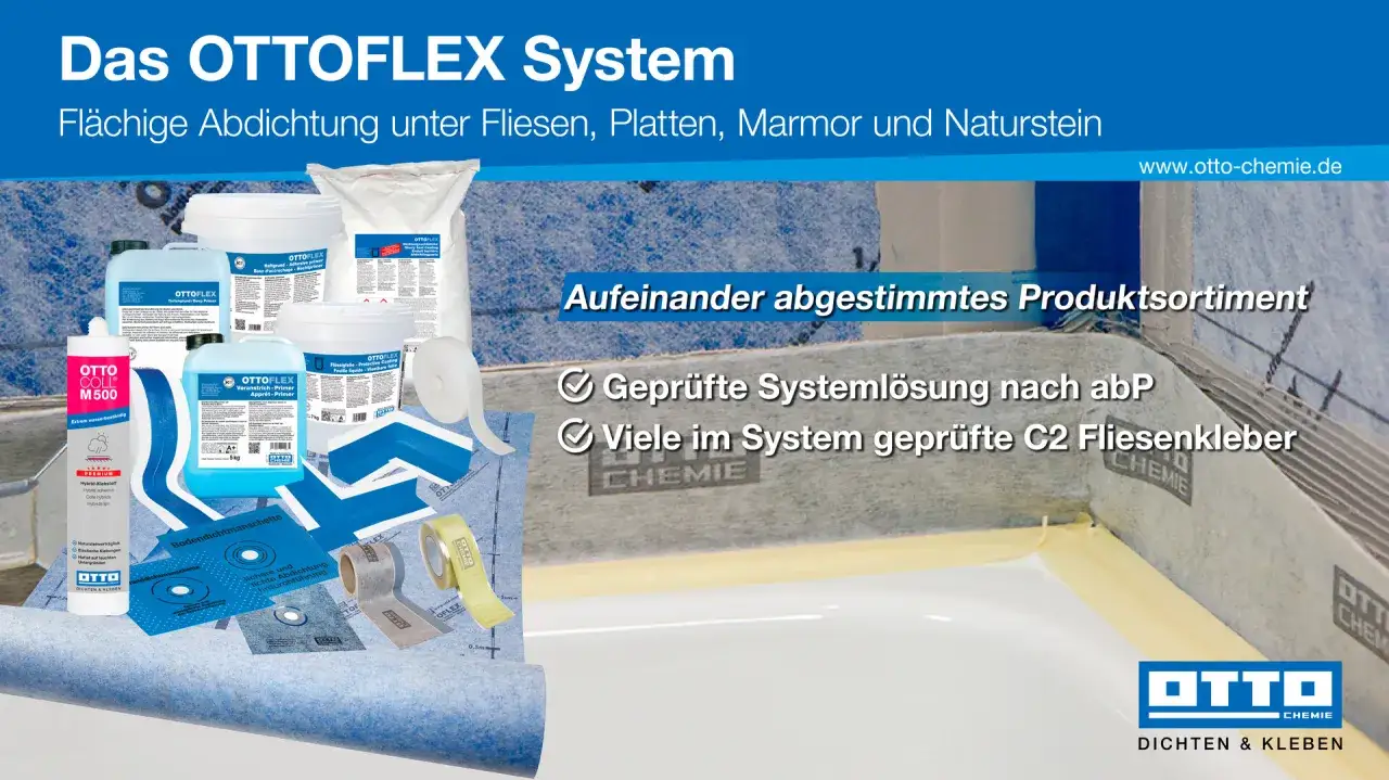 OTTOFLEX System für flächige Abdichtung unter Fliesen. Produkte für sicheres Boden abdichten, inklusive Primer und Kleber.