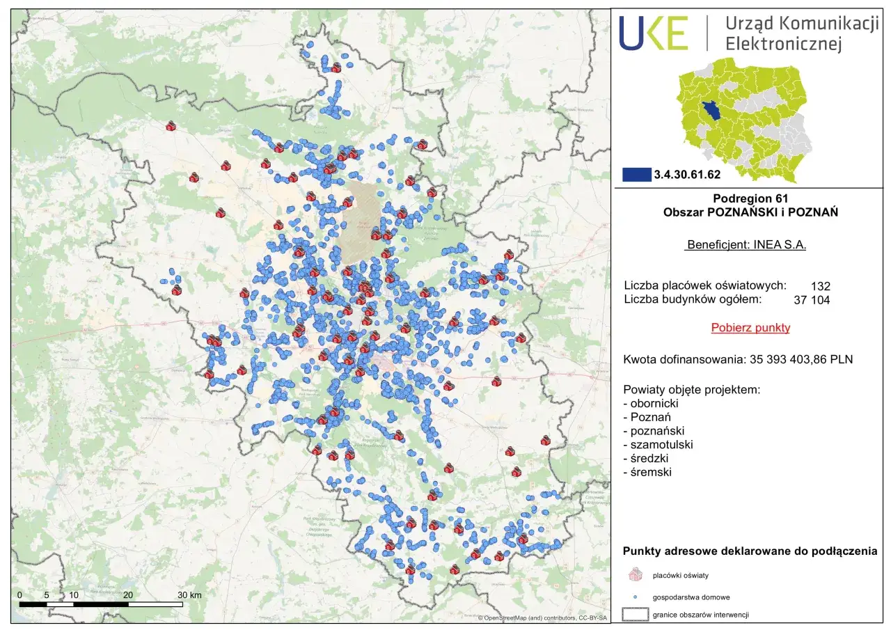Mapa pokazuje obszar Podregionu 61 Poznański i Poznań z zaznaczonymi punktami, gdzie można sprawdzić dostępność światłowodu.