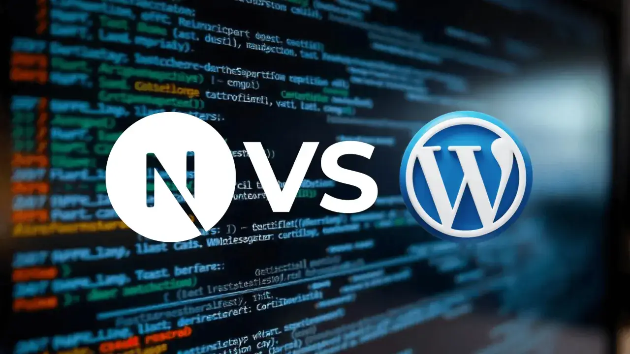 Por&oacute;wnanie: logo Next.js vs WordPress na tle kodu. Kt&oacute;ry CMS czy HTML wybrać?
