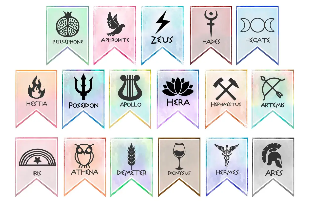 Zestaw banerów z wizerunkami bogów greckich i ich atrybutów: Hades, Zeus, Afrodyta, Persefona, Hestia, Posejdon, Apollo, Hera, Hefajstos, Artemida, Iris, Atena, Demeter, Dionizos, Hermes, Ares.