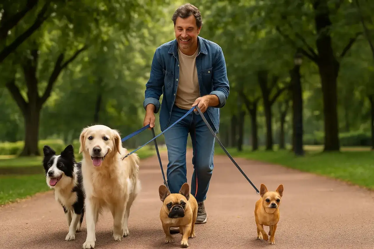 Szczęśliwy mężczyzna spaceruje z border collie, golden retrieverem, buldogiem francuskim i chihuahuą. Zastanawiasz się, jaka rasa psa do Ciebie pasuje?