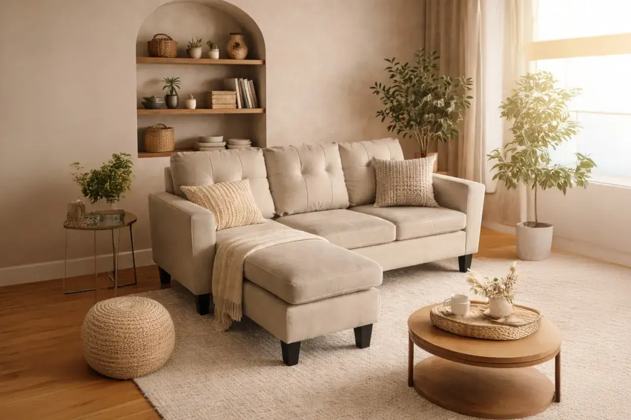 Un salon cosy avec un canapé beige en L, des coussins texturés, une couverture jetée et un pouf rond. La dimension canapé est parfaite pour ce coin détente.