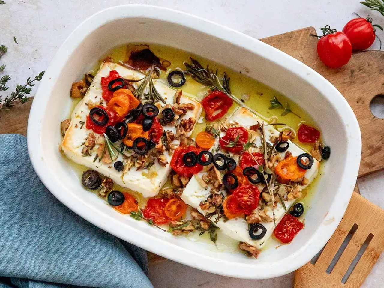 Feta grillen: Bl&ouml;cke aus Feta mit Kirschtomaten, Oliven, N&uuml;ssen und Kr&auml;utern in Oliven&ouml;l in einer Auflaufform.