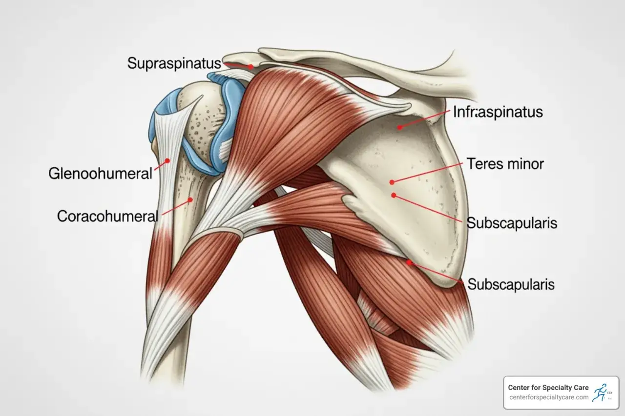 Schulteransicht mit Muskeln. Der musculus supraspinatus ist oben am Schulterblatt zu sehen.