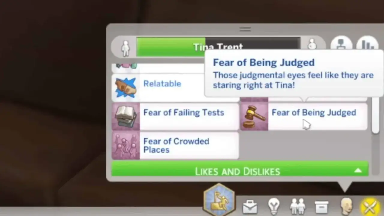 Jak usunąć obawy w The Sims 4? Ekran postaci Tine Trent z lękiem przed oceną.