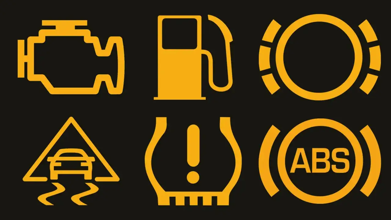 Warnsymbole im Auto: Motor, Tank, Bremsen, ESP, Reifendruck, ABS. Ein Blick auf diese Lichter im epc auto kann Probleme anzeigen.