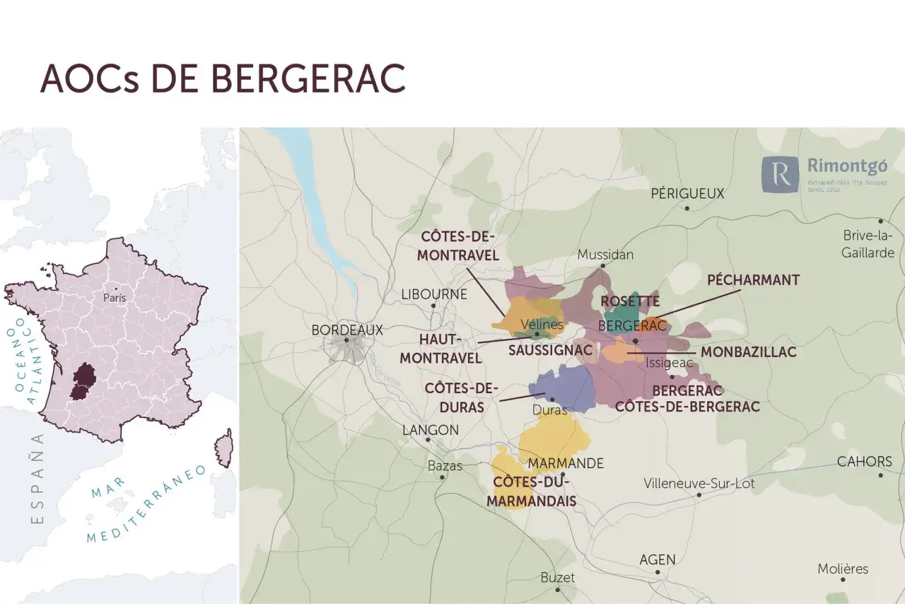 Mapa Francji z zaznaczonym regionem winiarskim Cotes de Bergerac. Kolorowe obszary oznaczają różne apelacje winnic.