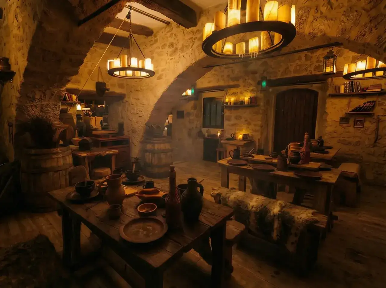 L'intérieur d'une auberge moyen age, avec des tables en bois, des tonneaux, des chandelles et une ambiance rustique.