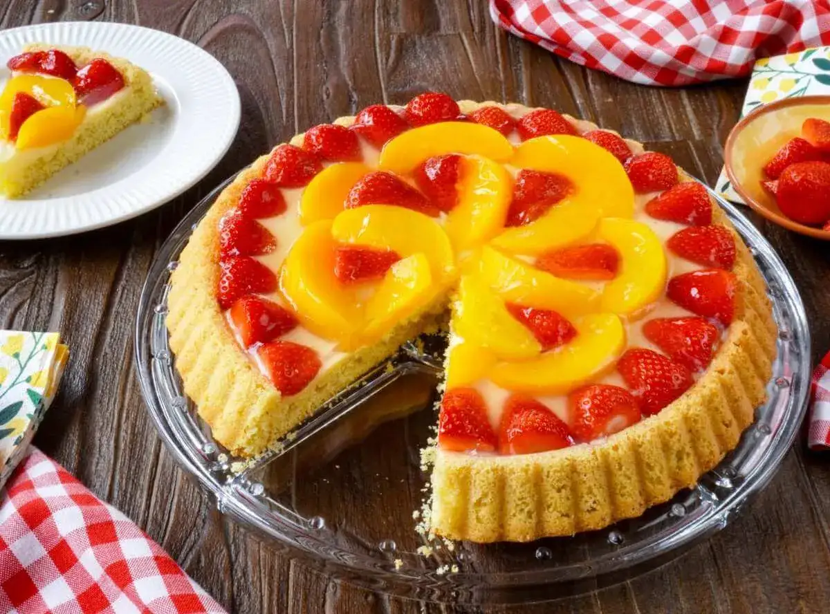 Ein k&ouml;stlicher Obstboden mit Erdbeeren und Pfirsichen, perfekt f&uuml;r jedes obstboden rezept. Ein St&uuml;ck fehlt bereits.