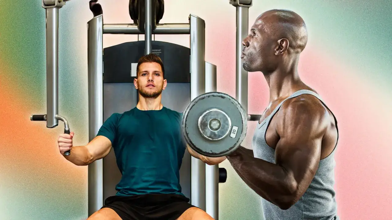 Tv&aring; m&auml;n tr&auml;nar p&aring; gym. En sitter i en maskin, den andra lyfter en skivst&aring;ng. De verkar k&ouml;ra ett intensivt **drop set**.