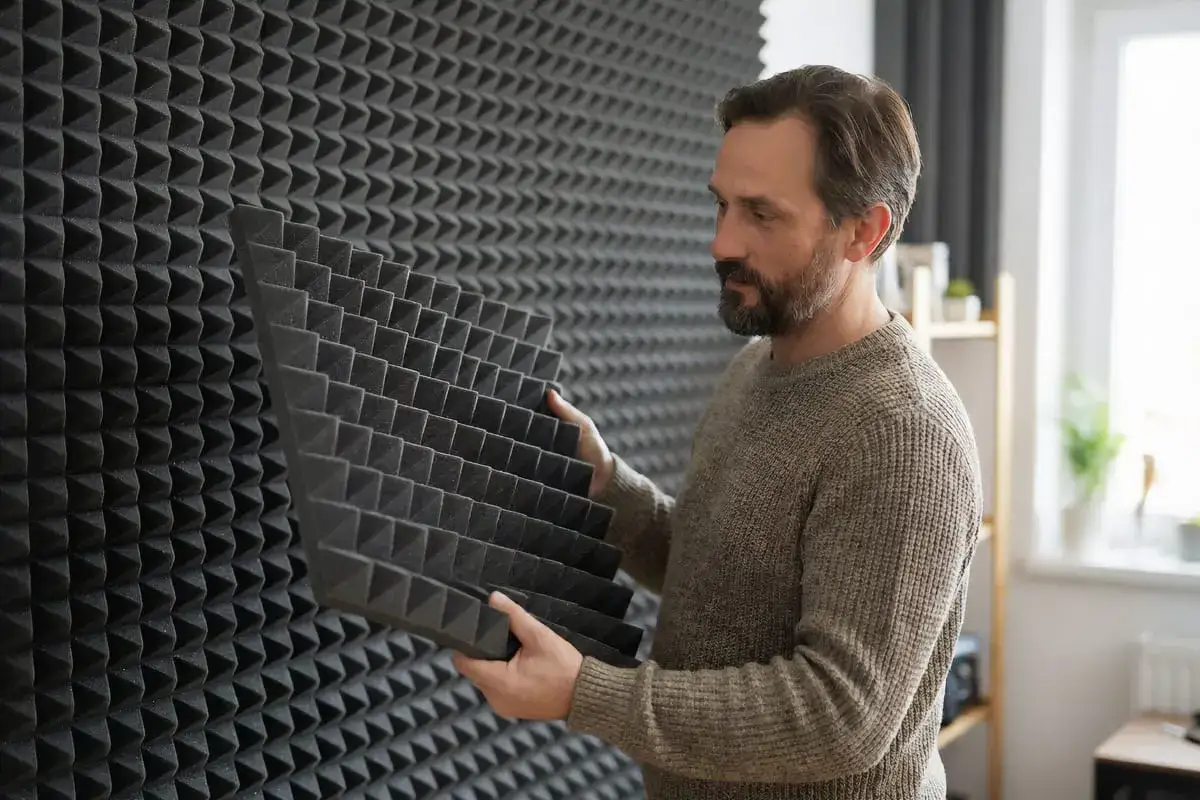 Mężczyzna z brodą montuje panel akustyczny, tworząc ścianę dźwięku.
