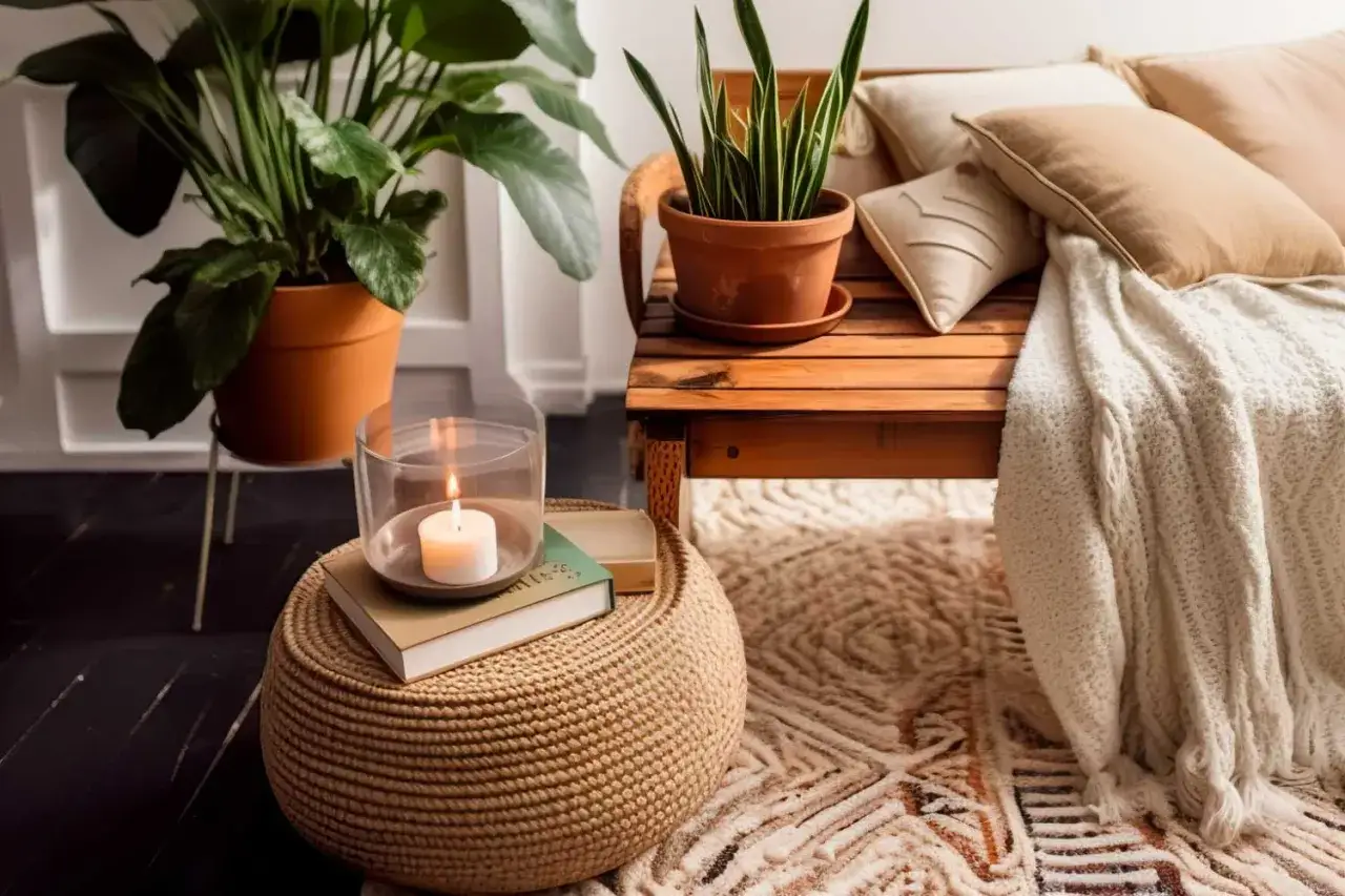 Un rinc&oacute;n acogedor con plantas, una vela encendida y cojines, todo en un perfecto estilo boho decoraci&oacute;n.