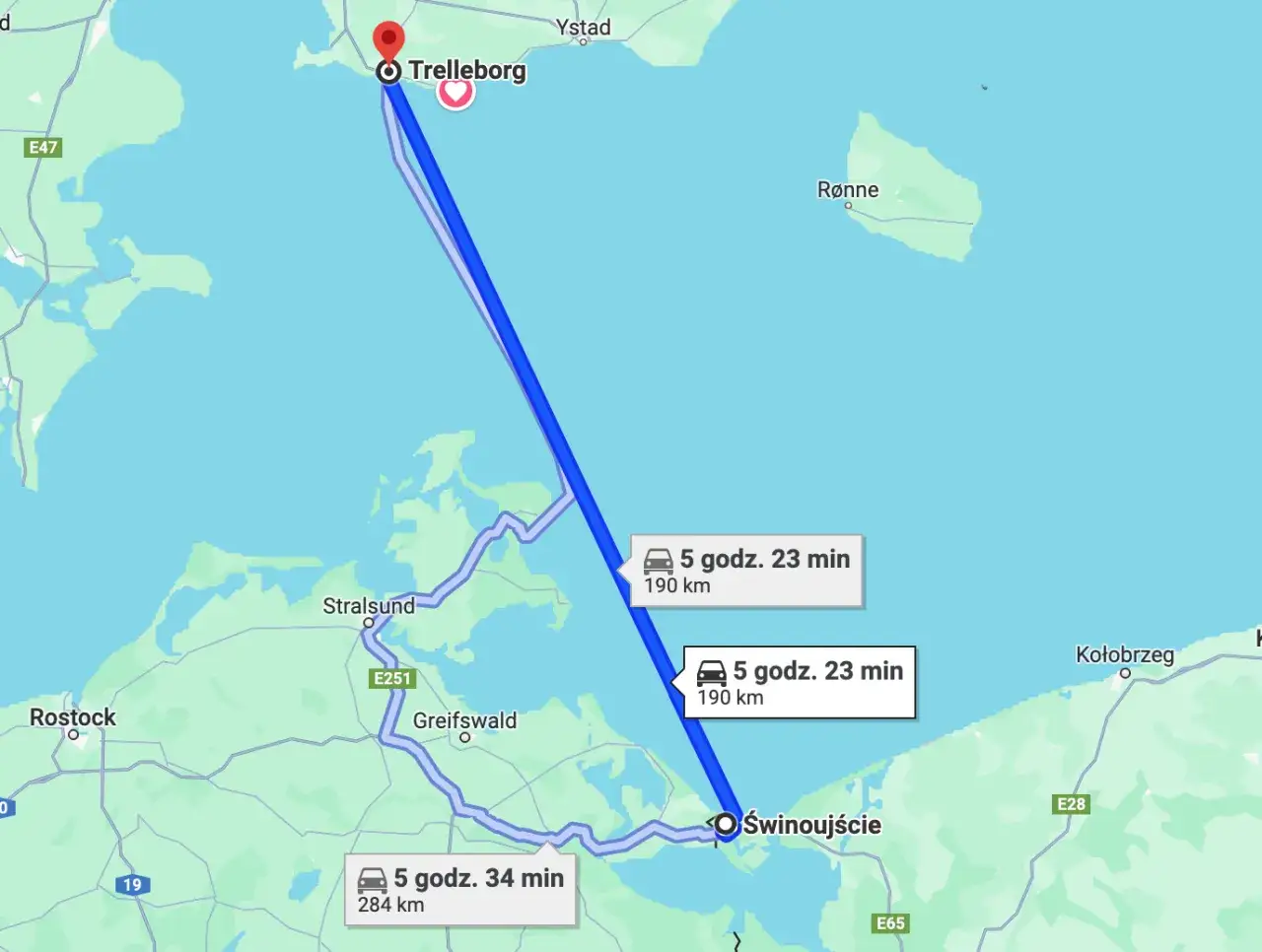 Trasa promowa z Polski do Szwecji (Trelleborg) trwa ok. 5h 23min, pokonując 190 km.