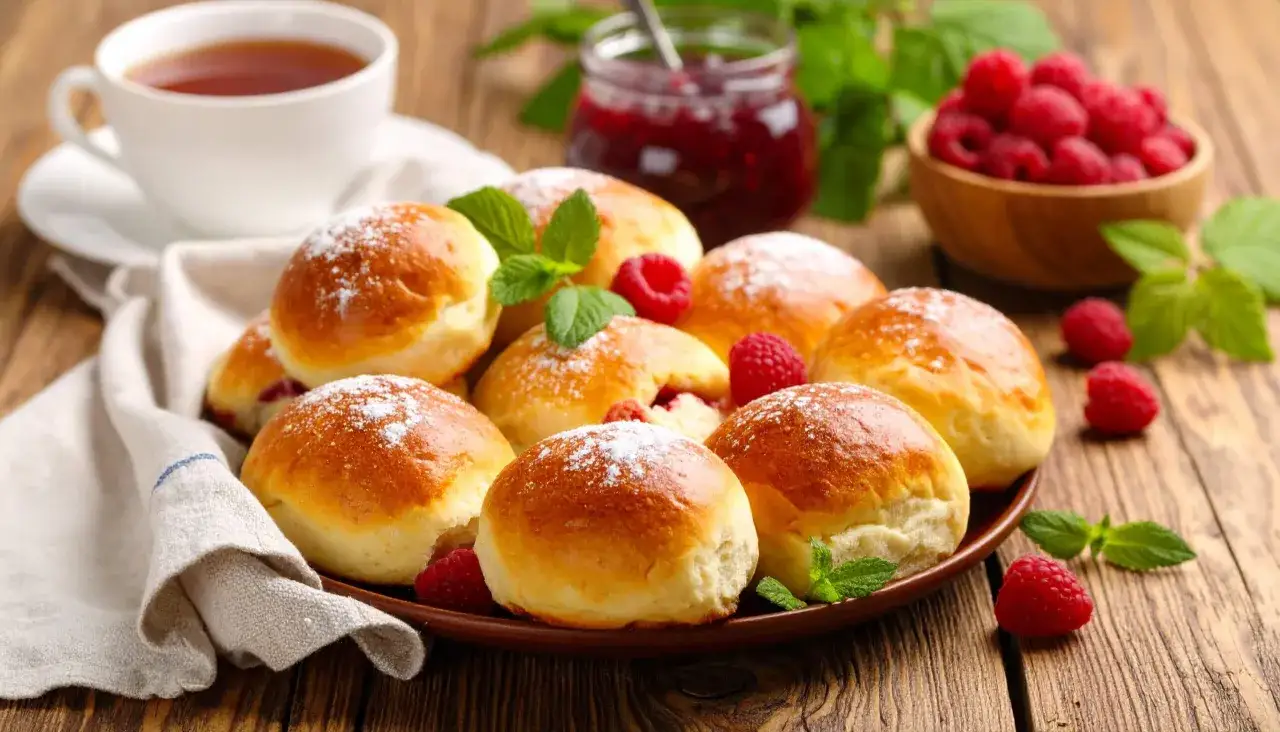 Puszyste bułki z airfryer, posypane cukrem pudrem, z malinami i miętą. Obok filiżanka herbaty i słoiczek dżemu.