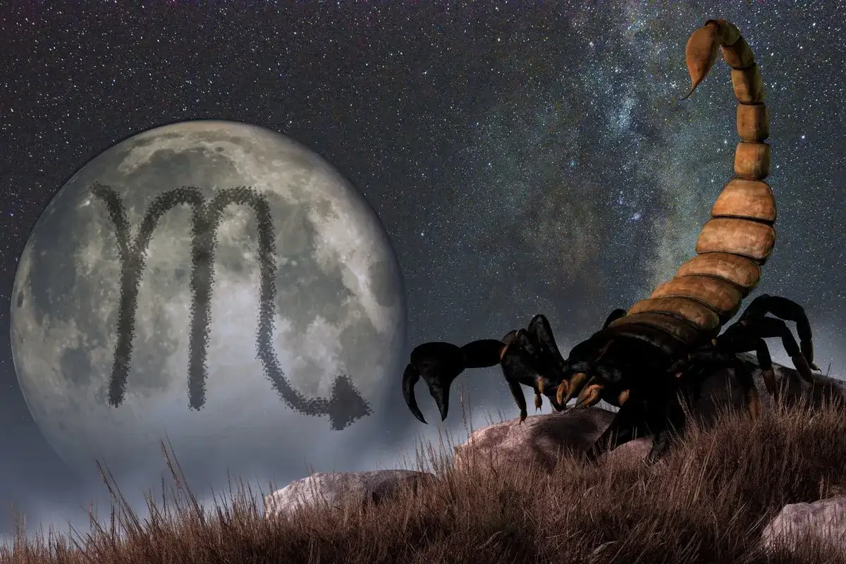 Nocne niebo z drogą mleczną, wielki księżyc z symbolem Skorpiona i groźny skorpion na skale. Ascendent w skorpionie.