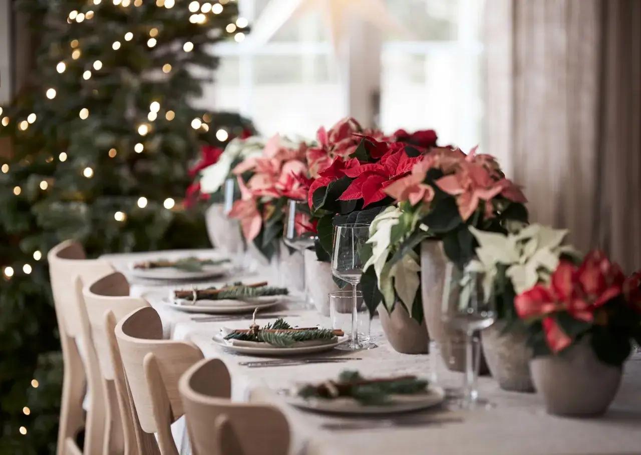 Vackert dukat julbord med julstjärnor och granris. En härlig inspiration för att dekorera julbordet.