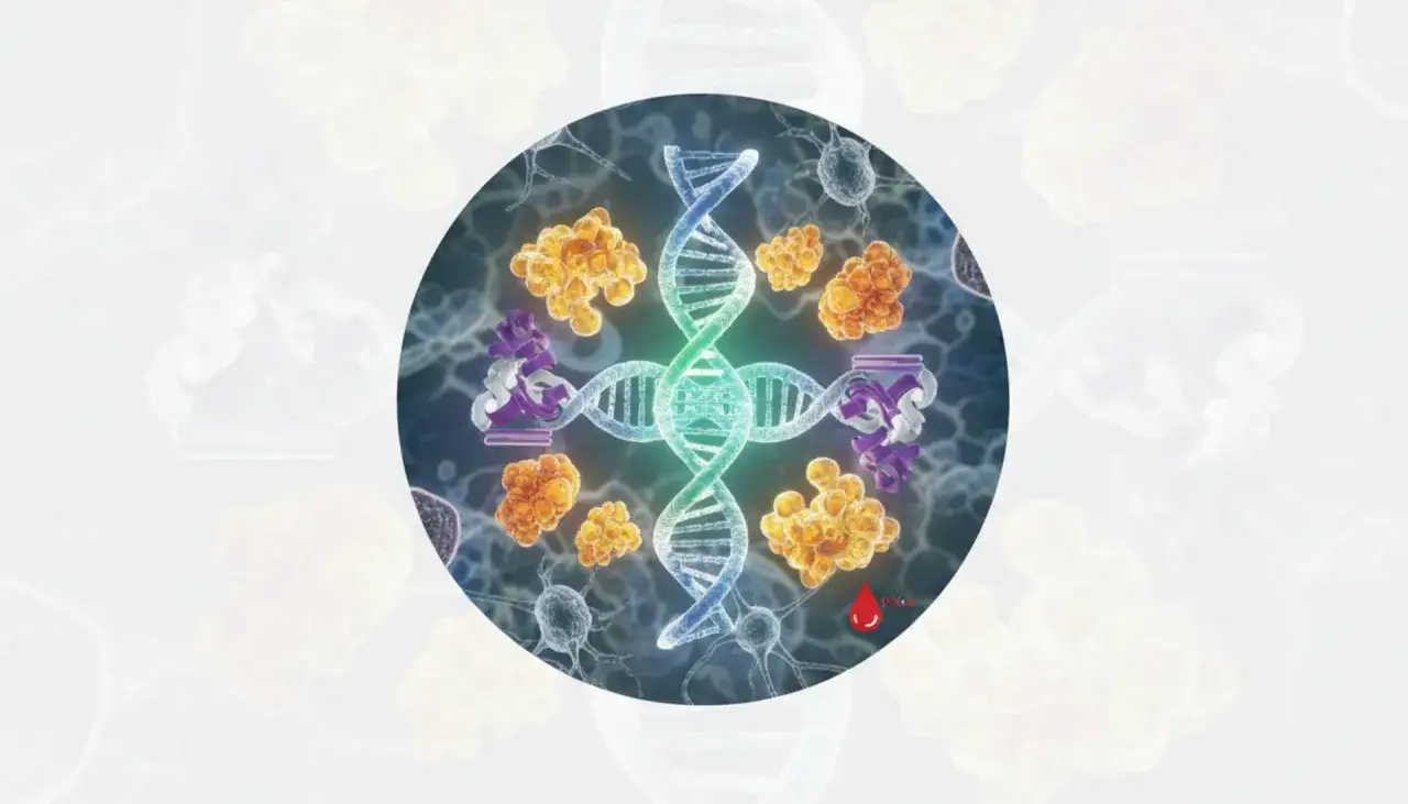 Molekularne podstawy fenyloketonurii: DNA, białka i komórki nerwowe. Kropelka krwi symbolizuje diagnostykę.