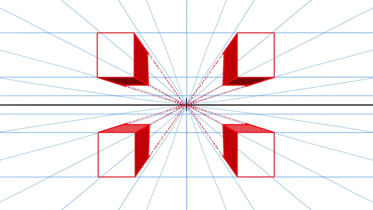Illustration de la perspective &agrave; deux points avec des cubes rouges s'&eacute;tendant vers le point de fuite.