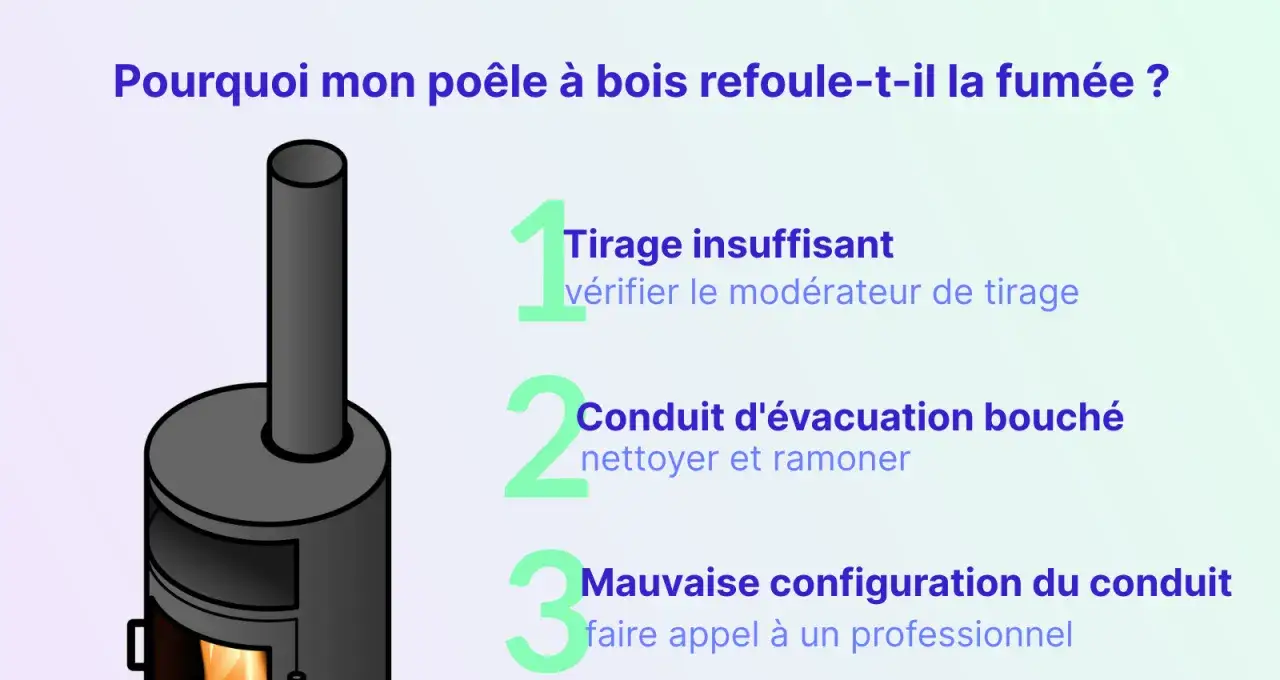Illustration d'un poêle à bois avec des conseils pour résoudre un **mauvais tirage poêle à bois** : tirage insuffisant, conduit bouché ou mauvaise configuration.