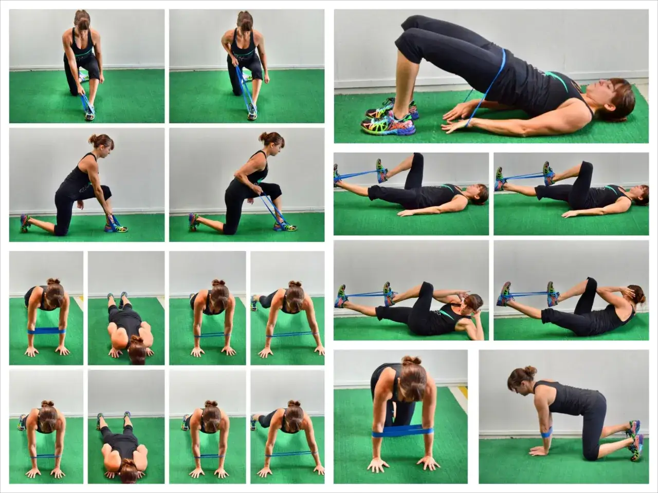 Femme effectuant un exercice avec élastique pour le renforcement musculaire des jambes et du tronc.