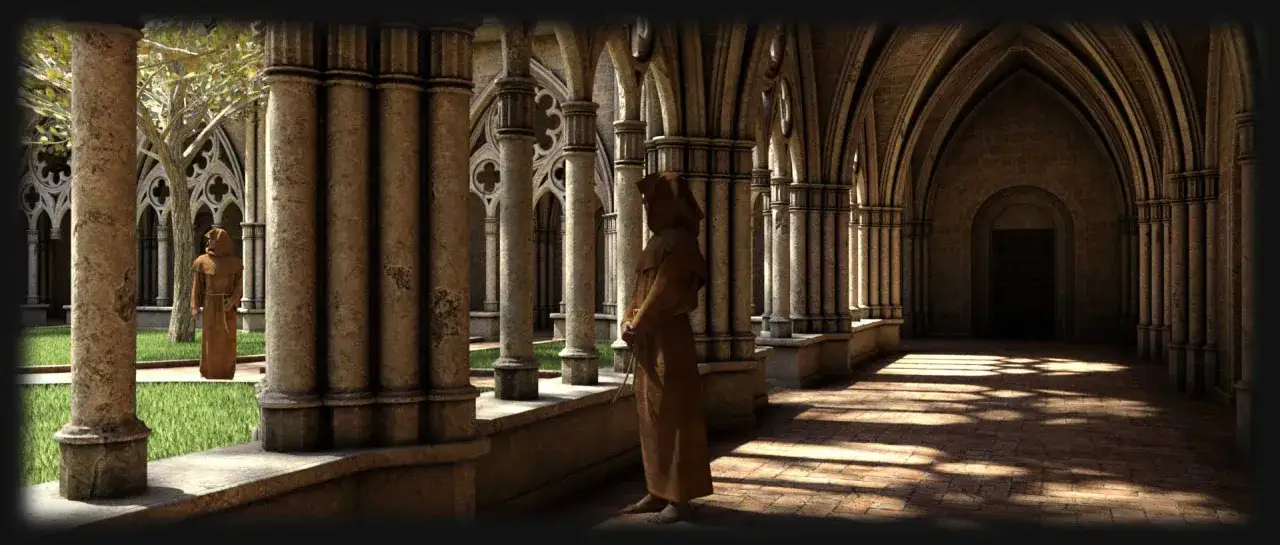 Monks in a cloister, a serene courtyard where Benedictine monks lived, with arched walkways and a peaceful garden.