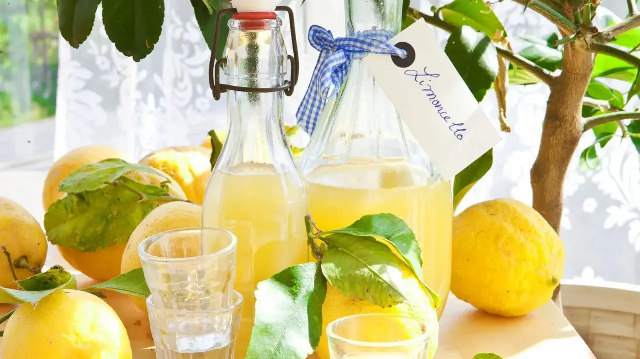 Zwei Flaschen mit selbstgemachtem Limoncello, umgeben von frischen Zitronen und Blättern. Ein Etikett mit