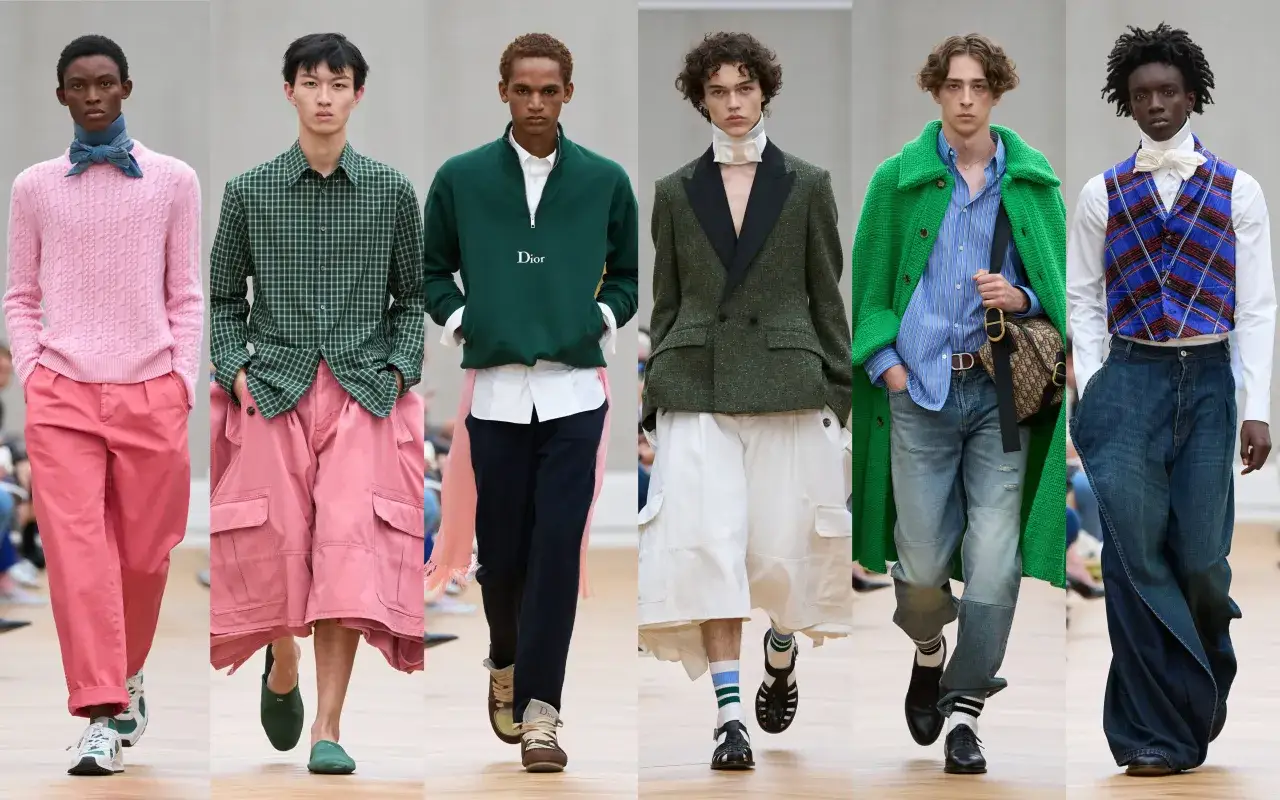 Défilé de mode homme : looks audacieux avec pulls roses, pantalons cargo, vestes vertes et imprimés écossais. Une tendance homme qui ose la couleur et les volumes.