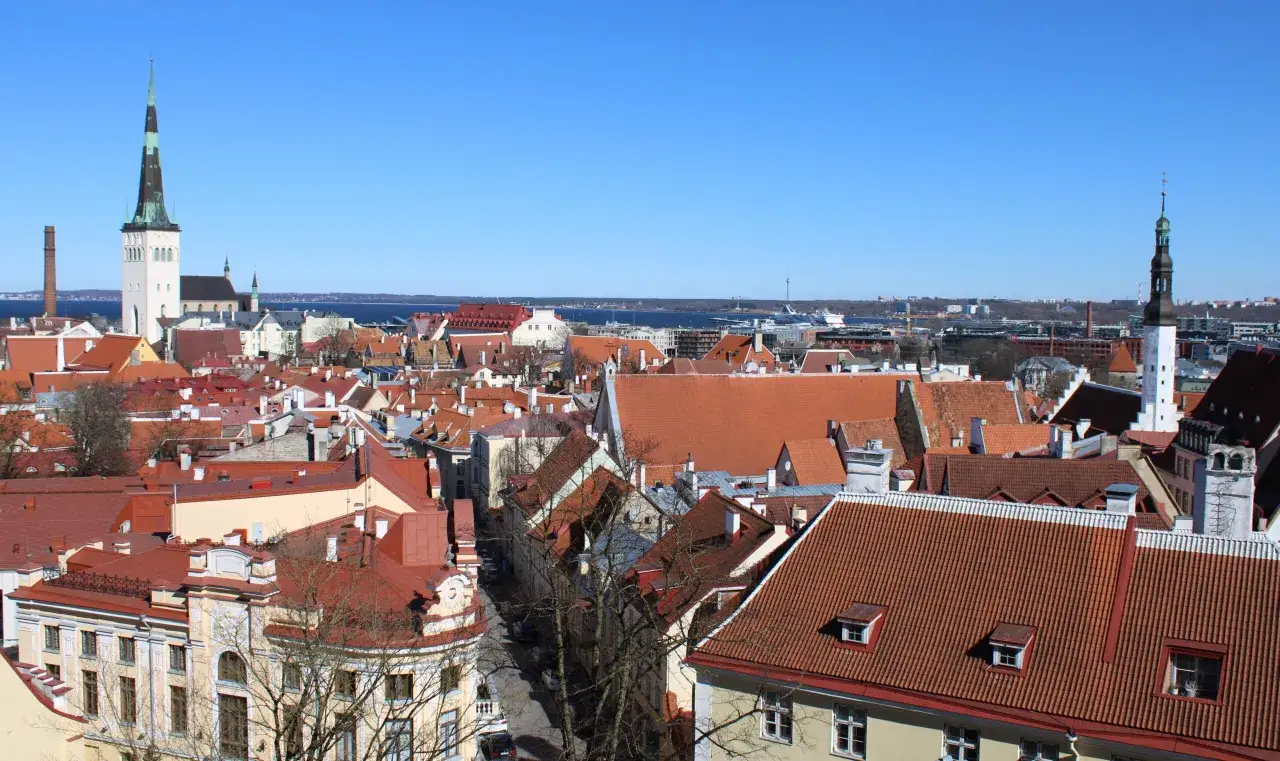 Widok na **Tallin stare miasto** z charakterystycznymi czerwonymi dachami i wieżami kościoł&oacute;w na tle błękitnego nieba.