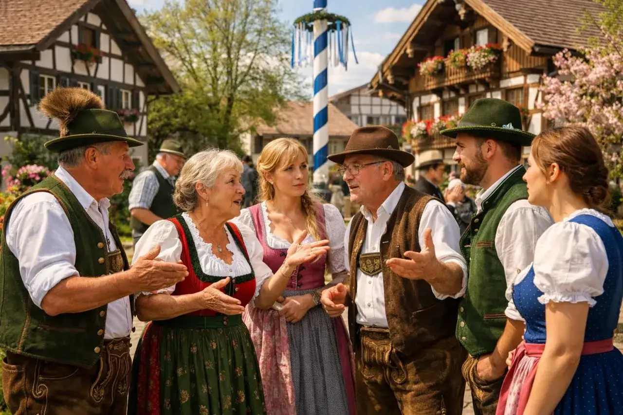 Menschen in Tracht unterhalten sich angeregt. Sie scheinen die Gelegenheit zu nutzen, um sich auszutauschen.