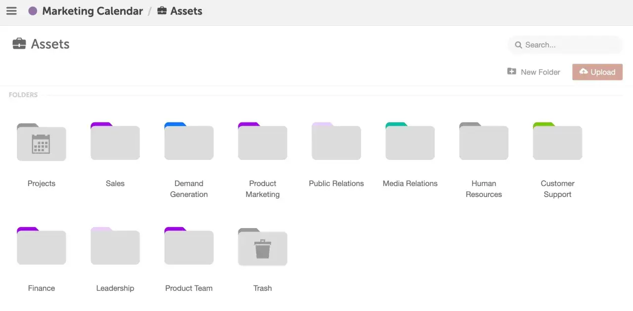 A digital asset management interface showing a folder structure with categories like Projects, Sales, and Marketing.