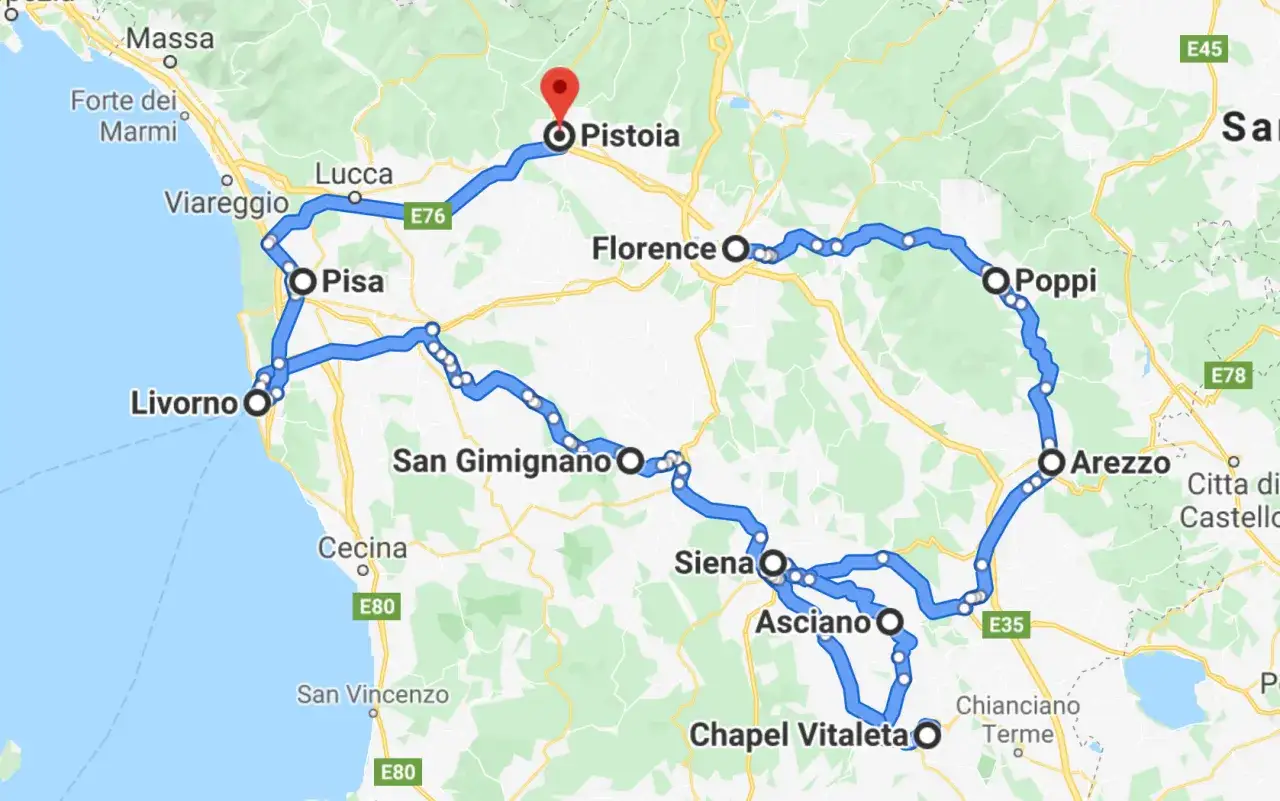 A scenic road trip route through Tuscany, Italy, starting near Lucca and ending in Siena, passing through Pisa, Florence, and San Gimignano.