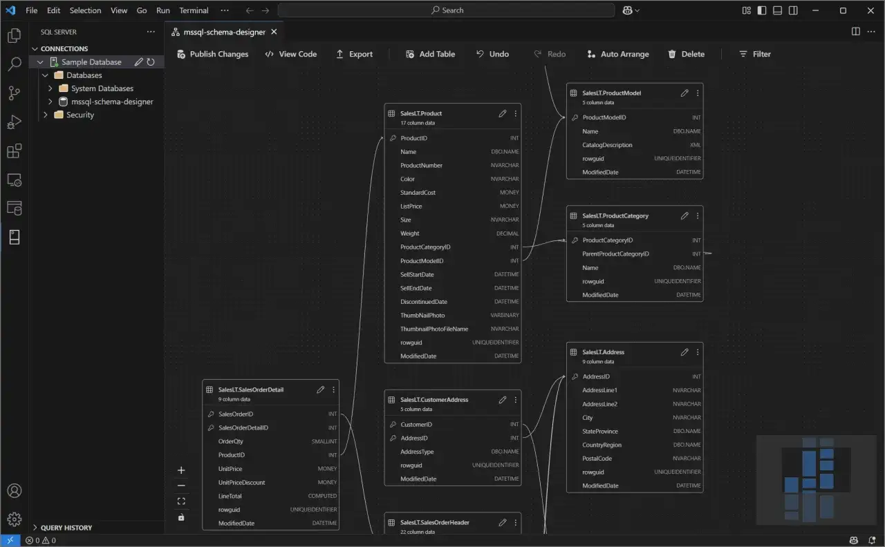 Diagramma di viste SQL che mostra le tabelle `SalesLT.Product`, `SalesLT.ProductModel`, `SalesLT.ProductCategory`, `SalesLT.CustomerAddress`, `SalesLT.Address`, `SalesLT.SalesOrderDetail` e `SalesLT.SalesOrderHeader`.