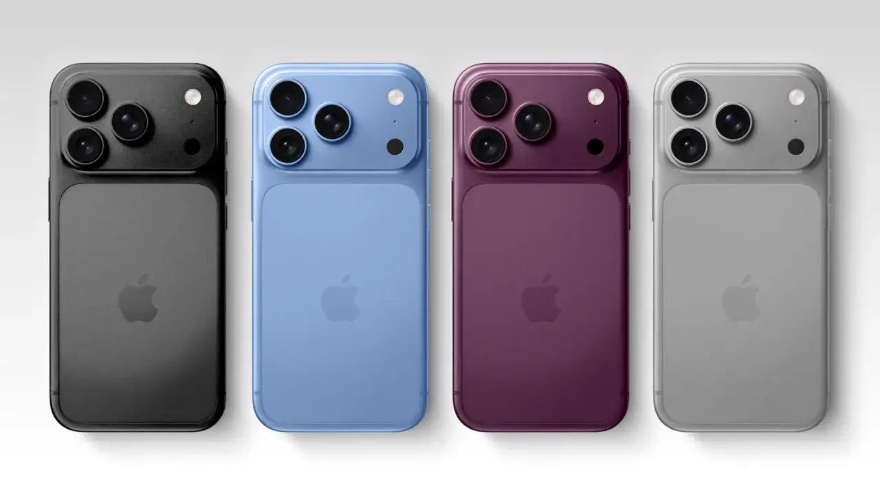 Fyra iPhones i olika f&auml;rger: svart, bl&aring;, lila och silver. Kanske en framtida iPhone 18 Pro?
