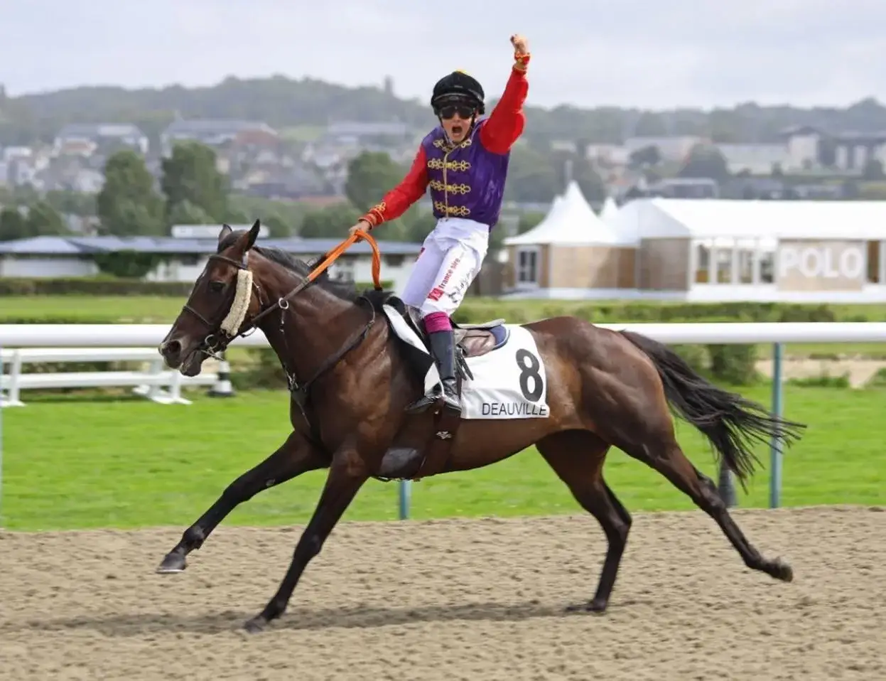 Jockey victorieux l&egrave;ve le poing sur son poney, num&eacute;ro 8, &agrave; Deauville.