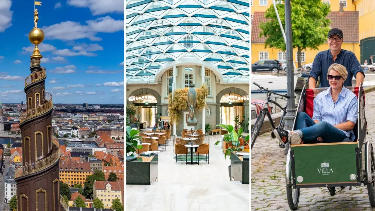 En spiralformad torn med utsikt över Köpenhamn, en elegant inomhusmiljö med sittplatser och en man som skjuter en kvinna i en cykeltaxi. Perfekt för att semestra i Danmark!