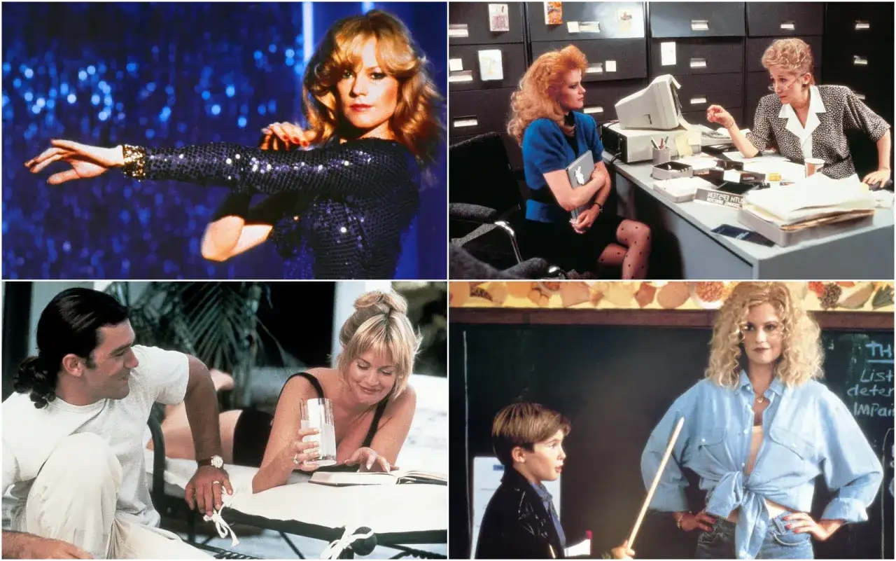 Scene da film di Melanie Griffith: una donna in abito scintillante, in ufficio, con Antonio Banderas e un bambino, e come insegnante.