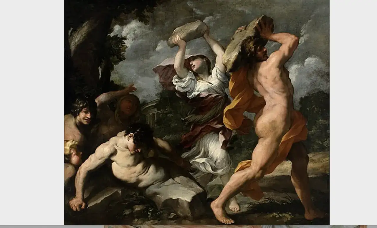 Deucalion et Pyrrha, survivants du déluge, jettent des pierres pour repeupler la Terre. L'homme porte une pierre, la femme en lance une.