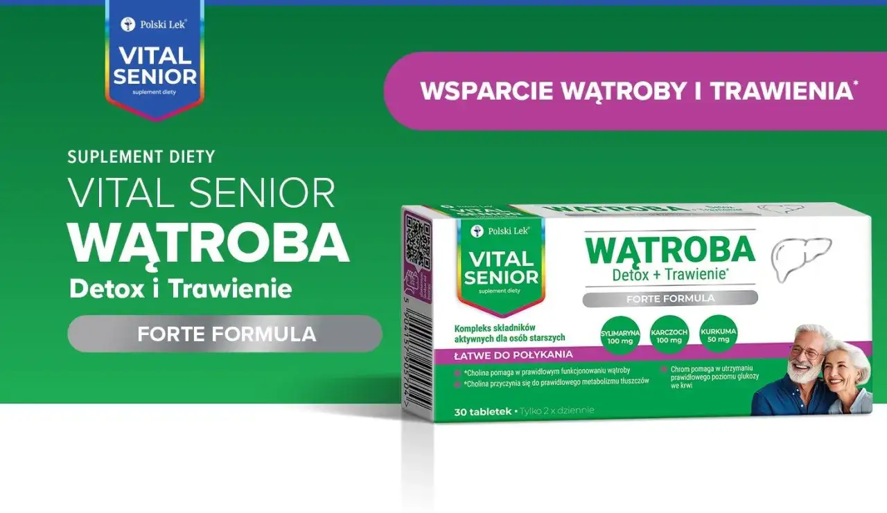 Suplement diety Vital Senior Wątroba Detox i Trawienie. Wsparcie dla wątroby i trawienia, z myślą o seniorach. Idealny dla osób dbających o sanohepatic.