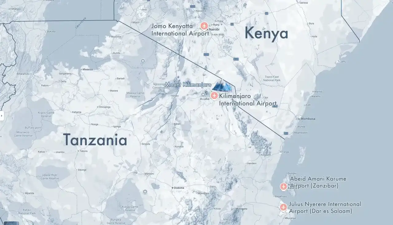 Mapa Kenii i Tanzanii z zaznaczonymi lotniskami. Zastanawiasz się, ile trwa lot do Kenii? Mapa pokazuje lotniska w Nairobi i Kilimanjaro.